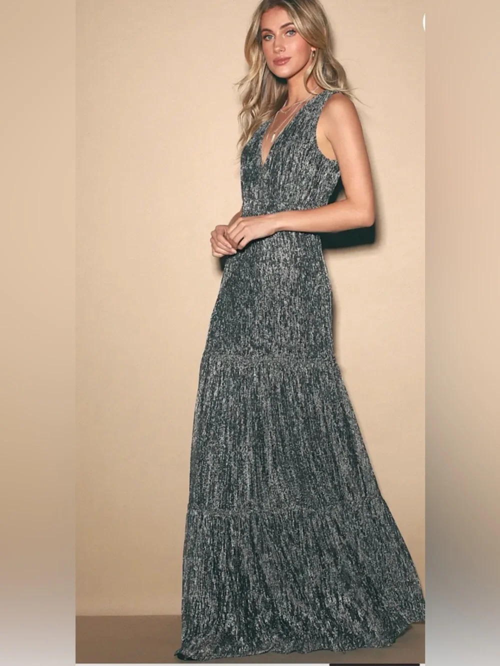 Lulus Metallic Maxi Dress Silver Tiered Plissé VNeck M Screen Worn The Boys - Picture 2 of 12